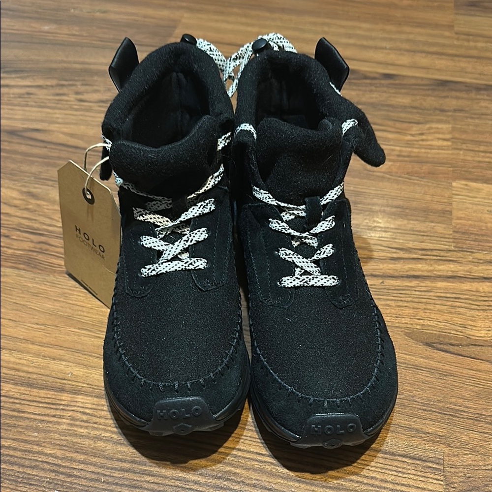 Black Lace Up Boots with High Top Design and Padded Collar